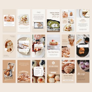 Op de afbeelding: Een verzameling Instagram-story-sjablonen voor een bakkerij. De sjablonen bevatten afbeeldingen van verschillende gebakssoorten, waaronder croissants, taarten en gebak. De sjablonen bevatten ook tekstoverlays met informatie over de bakkerij, zoals de naam, locatie en openingstijden. De sjablonen zijn ontworpen om visueel aantrekkelijk en informatief te zijn, en ze zijn een geweldige manier om een bakkerij op sociale media te promoten.