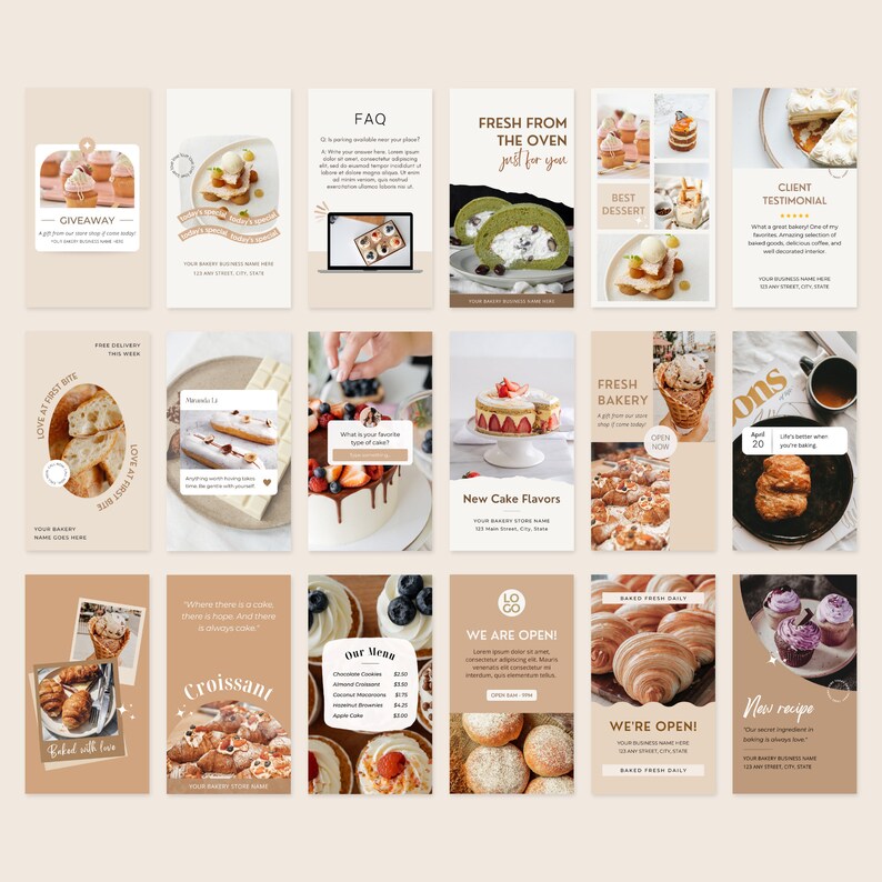 Op de afbeelding: Een verzameling Instagram-story-sjablonen voor een bakkerij. De sjablonen bevatten afbeeldingen van verschillende gebakssoorten, waaronder croissants, taarten en gebak. De sjablonen bevatten ook tekstoverlays met informatie over de bakkerij, zoals de naam, locatie en openingstijden. De sjablonen zijn ontworpen om visueel aantrekkelijk en informatief te zijn, en ze zijn een geweldige manier om een bakkerij op sociale media te promoten.