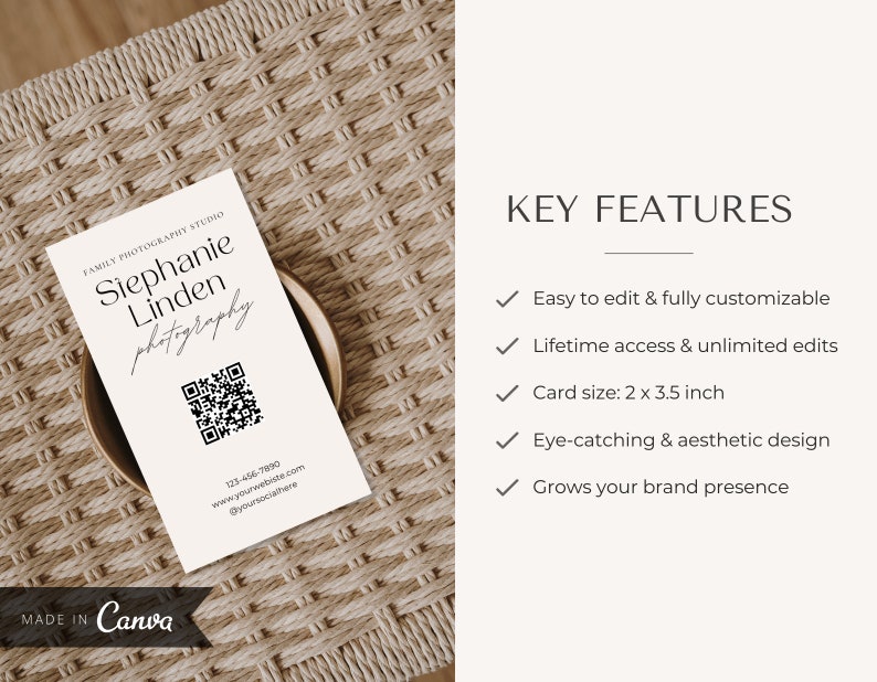 May include: A white business card with a minimalist design featuring the text "Stephanie Linden photography" and a QR code. The card also includes contact information, including a phone number, website address, and social media handle. The card is displayed on a woven surface.