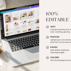 Puede incluir: Un ordenador port&aacute;til que muestra una plantilla de libro de cocina digital en la pantalla. La plantilla es personalizable con texto, fotos y colores. El texto en la pantalla dice "Cookbook".