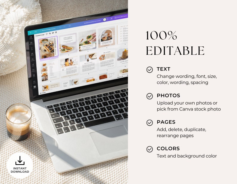 Puede incluir: Un ordenador port&aacute;til que muestra una plantilla de libro de cocina digital en la pantalla. La plantilla es personalizable con texto, fotos y colores. El texto en la pantalla dice "Cookbook".