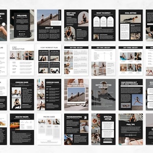 Pu&ograve; includere: Un quaderno di lavoro per il fitness in bianco e nero con un design minimalista. Il quaderno include sezioni su definizione degli obiettivi, piani di allenamento, guide agli esercizi, idee per i pasti e altro ancora.
