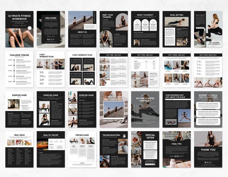 Pu&ograve; includere: Un quaderno di lavoro per il fitness in bianco e nero con un design minimalista. Il quaderno include sezioni su definizione degli obiettivi, piani di allenamento, guide agli esercizi, idee per i pasti e altro ancora.