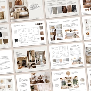 May include: A collection of interior design project proposal pages. The pages feature floor plans, mood boards, and 3D renderings. The color palette includes neutral tones with images of furniture and room layouts.