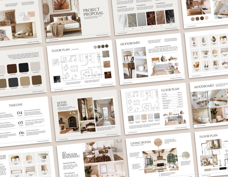 May include: A collection of interior design project proposal pages. The pages feature floor plans, mood boards, and 3D renderings. The color palette includes neutral tones with images of furniture and room layouts.