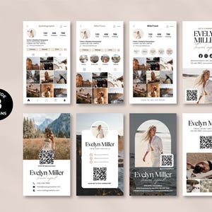 May include: Eight design templates in a light beige and white colour scheme are shown. The designs include Instagram profile mockups and business card templates. The business cards feature the name "Evelyn Miller, Travel Agent" and a QR code.