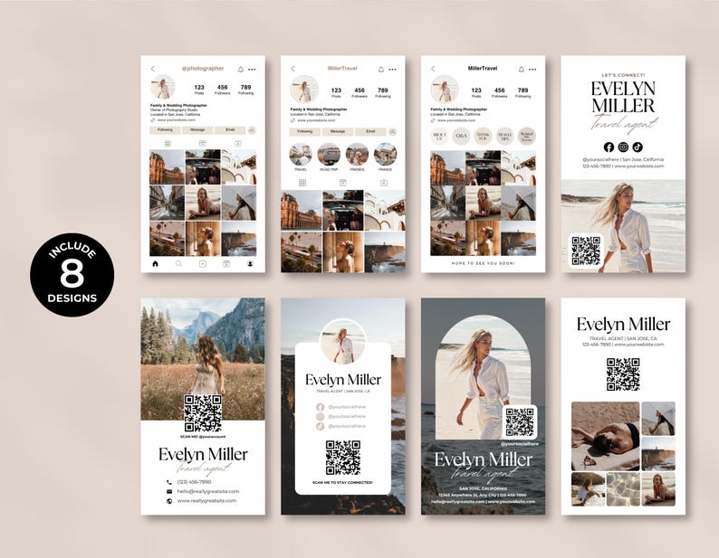 May include: Eight design templates in a light beige and white colour scheme are shown. The designs include Instagram profile mockups and business card templates. The business cards feature the name "Evelyn Miller, Travel Agent" and a QR code.