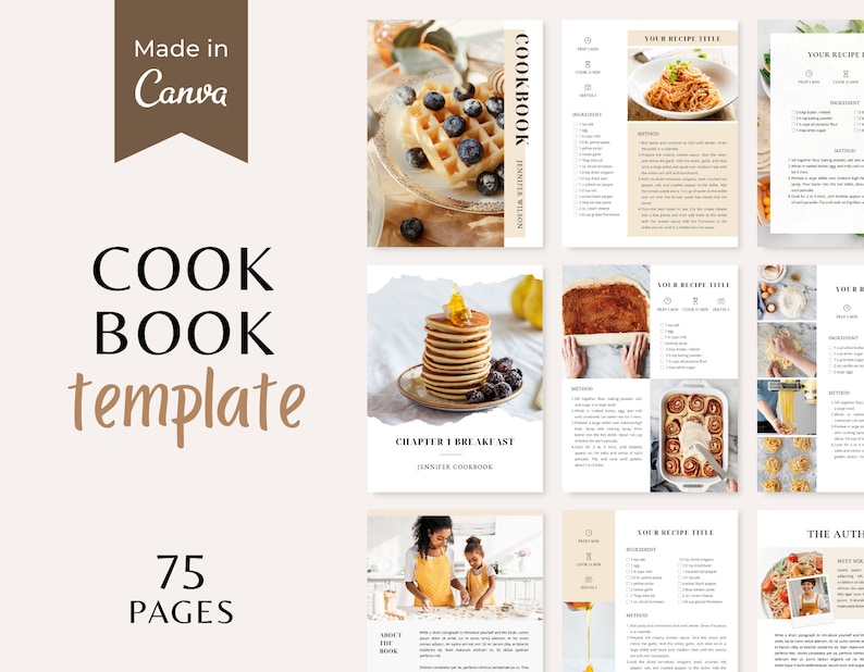 Puede incluir: Una plantilla de libro de cocina con 75 p&aacute;ginas. La portada presenta una etiqueta marr&oacute;n con el texto "COOK BOOK template" y "75 PAGES". Las p&aacute;ginas interiores presentan im&aacute;genes de comida, recetas y texto. El texto de la portada dice "COOKBOOK Jennifer Wilson".