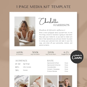 1 Page Media Kit Canva Template| Instagram Media Kit| Influencer Rate Sheet Template| Blogger Press Kit | Facebook Tiktok Instagram Template