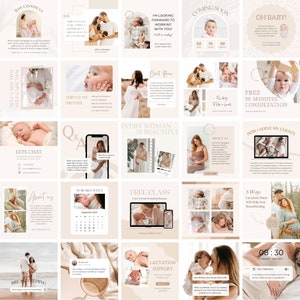 May include: A collection of Instagram post templates for a lactation consultant business. The templates feature a neutral color palette of beige and brown with images of babies, pregnant women, and breastfeeding mothers. The text on the templates includes phrases like "Every Woman is Beautiful", "Free Class", "Lactation Support", and "How I Serve My Clients".