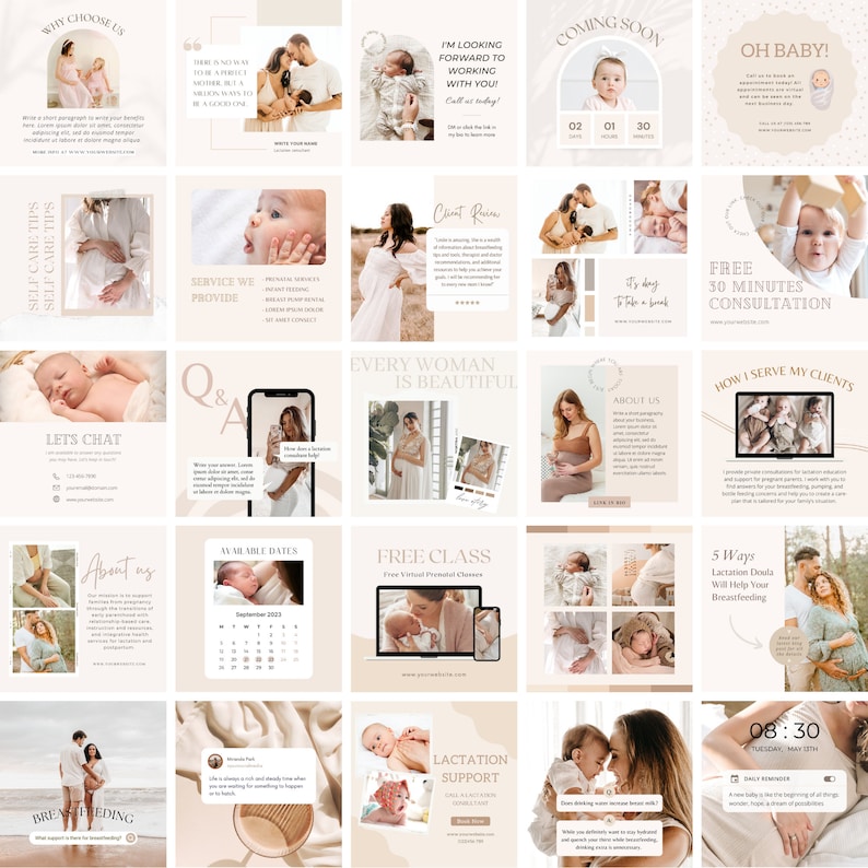 May include: A collection of Instagram post templates for a lactation consultant business. The templates feature a neutral color palette of beige and brown with images of babies, pregnant women, and breastfeeding mothers. The text on the templates includes phrases like "Every Woman is Beautiful", "Free Class", "Lactation Support", and "How I Serve My Clients".