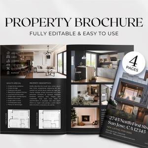 May include: A property brochure with the title "PROPERTY BROCHURE" and the text "FULLY EDITABLE & EASY TO USE". The brochure displays interior and exterior images of a modern home, including floor plans and property details. The brochure is 4 pages long.