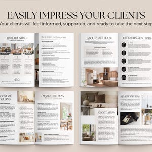 Może przedstawiać: Przewodnik prezentacji nieruchomości składający się z wielu stron z tekstem EASILY IMPRESS YOUR CLIENTS. Dokument zawiera sekcje zatytułowane SIMILAR LISTING, ABOUT YOUR HOUSE, DETERMINING FACTORS, COST OF SELLING oraz MARKETING PLAN.