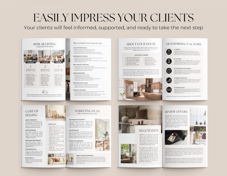 Może przedstawiać: Przewodnik prezentacji nieruchomości składający się z wielu stron z tekstem EASILY IMPRESS YOUR CLIENTS. Dokument zawiera sekcje zatytułowane SIMILAR LISTING, ABOUT YOUR HOUSE, DETERMINING FACTORS, COST OF SELLING oraz MARKETING PLAN.