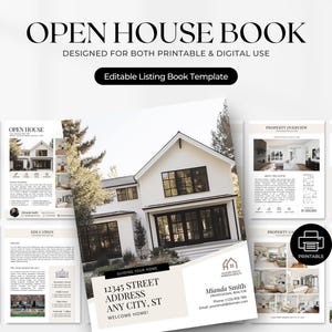May include: An editable Open House Book template for printable and digital use. The document features a white house cover page with the text 12345 STREET ADDRESS ANY CITY, ST, alongside various interior pages displaying property details and photos.