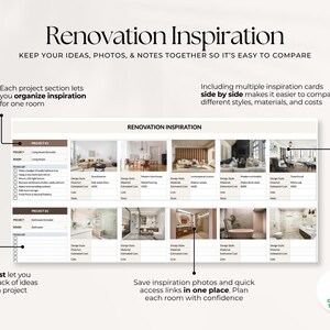 May include: A digital renovation inspiration spreadsheet template featuring a header titled Renovation Inspiration, project sections for living room and bathroom, to-do lists, and multiple image placeholders for design styles, materials, and costs.