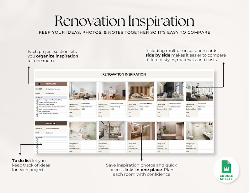 May include: A digital renovation inspiration spreadsheet template featuring a header titled Renovation Inspiration, project sections for living room and bathroom, to-do lists, and multiple image placeholders for design styles, materials, and costs.