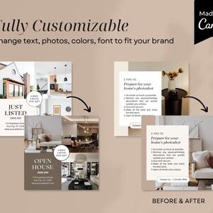 May include: Before and after images of a home staging project. The "before" image shows a cluttered living room with furniture and decor that is outdated. The "after" image shows the same room with furniture arranged in a more appealing way, and the decor has been updated to create a more modern and stylish look. The text on the image reads "5 tips to prepare for your home's photoshoot".
