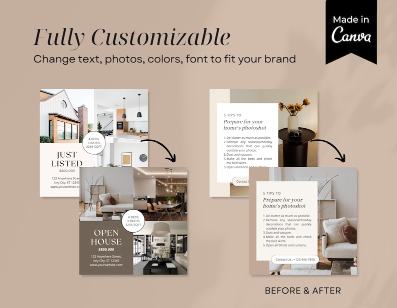 May include: Before and after images of a home staging project. The "before" image shows a cluttered living room with furniture and decor that is outdated. The "after" image shows the same room with furniture arranged in a more appealing way, and the decor has been updated to create a more modern and stylish look. The text on the image reads "5 tips to prepare for your home's photoshoot".