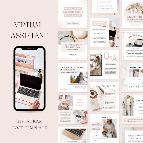 Virtual Assistant Instagram Templates | VA Instagram Posts | VA Social Media Marketing| Remote Worker Template| VA Canva Template