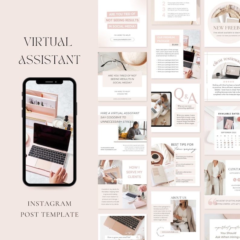 Op de afbeelding: Een verzameling Instagram-posttemplates voor een virtueel assistentiebedrijf. De templates hebben een roze en witte kleurschema met tekst die zinnen bevat zoals "Ben je het zat om geen resultaten te zien op sociale media?" en "Huur een virtuele assistent in, zeg vaarwel tegen onnodige stress."
