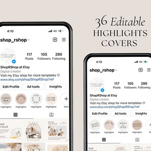 Może przedstawiać: Zrzut ekranu strony profilu Instagram dla tw&oacute;rcy cyfrowego o nazwie ShopRShop na Etsy. Profil ma 117 post&oacute;w, 105 obserwujących i 280 obserwowanych. Zdjęcie profilowe to biały i szary marmurowy wz&oacute;r z tekstem "Creative Design Shop" w kolorze czarnym. Biografia profilu zawiera link do sklepu Etsy z większą liczbą szablon&oacute;w. Profil ma kilka okładek wyr&oacute;żnień, w tym "Coffee First", "Portrait", "New", "Freebie", "Travel", "Ask Me", "Before & After" i "Lovelies & Favorites".