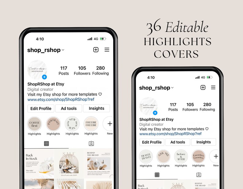Może przedstawiać: Zrzut ekranu strony profilu Instagram dla tw&oacute;rcy cyfrowego o nazwie ShopRShop na Etsy. Profil ma 117 post&oacute;w, 105 obserwujących i 280 obserwowanych. Zdjęcie profilowe to biały i szary marmurowy wz&oacute;r z tekstem "Creative Design Shop" w kolorze czarnym. Biografia profilu zawiera link do sklepu Etsy z większą liczbą szablon&oacute;w. Profil ma kilka okładek wyr&oacute;żnień, w tym "Coffee First", "Portrait", "New", "Freebie", "Travel", "Ask Me", "Before & After" i "Lovelies & Favorites".