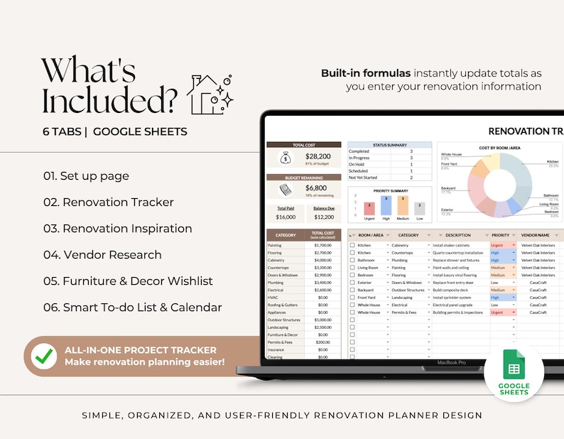 May include: A digital renovation planner displayed on a laptop screen, featuring six Google Sheets tabs including a renovation tracker, vendor research, and a smart to-do list. The interface shows built-in formulas, cost summaries, and a pie chart for project expenses.