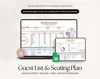 Guest List, Seating Plan | Wedding Budget, Preparation Checklist | Digital Wedding Planner Template | Google Sheets