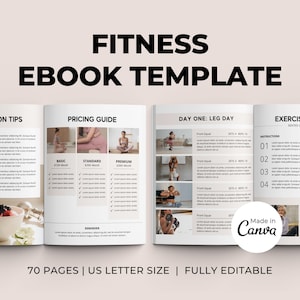 Könnte beinhalten: Eine Fitness-Ebook-Vorlage mit einem Cover, auf dem eine Frau trainiert. Das Ebook enthält Abschnitte für Ernährungstipps, Preisübersicht, Trainingsleitfaden und Trainingspläne. Der Text "70 Pages | US Letter Size | Fully Editable" befindet sich am unteren Rand des Covers.