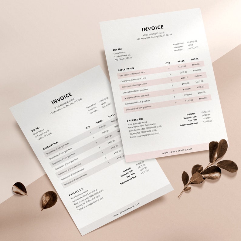 May include: Two black and white invoices with the title "INVOICE" at the top. The invoices are for a business called "YOUR BUSINESS NAME" and include a bill to section, a description section, a quantity section, a price section, and a total section. The invoices also include a payable to section with contact information for the business.