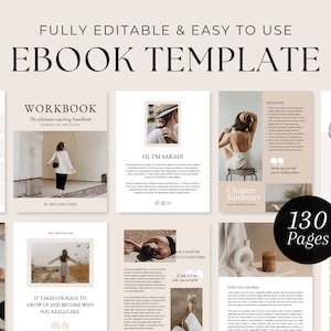 Op de afbeelding: Een beige en witte e-book sjabloon met 130 pagina's. De sjabloon bevat secties voor een werkboek, een hoofdstuk samenvatting en belangrijke punten. De sjabloon bevat afbeeldingen van een vrouw in een witte jurk, een vrouw in een bruin jack en een vrouw in een witte jurk met een hoed.