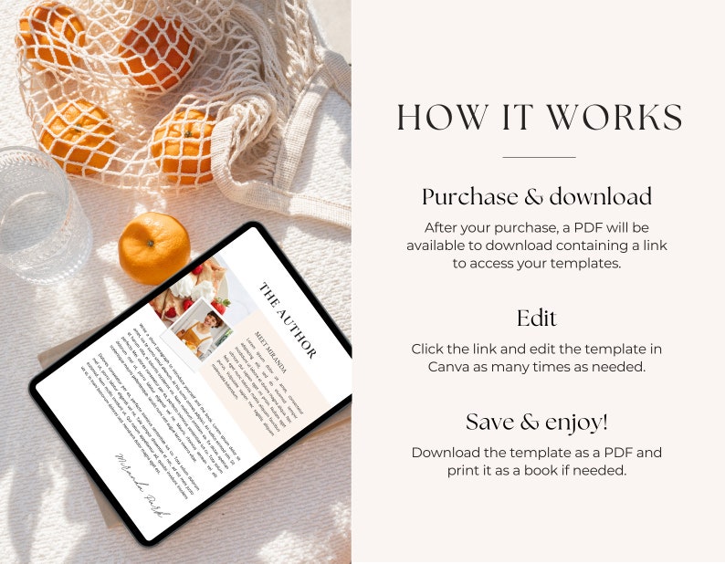 May include: A digital tablet displaying a document with the title "The Author" and the text "Meet Miranda". The document is on a white surface with a mesh bag filled with oranges.