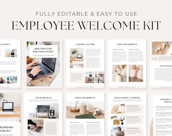 May include: A printable employee welcome kit with a beige and white colour scheme. The kit includes sections for new employee welcome packet, company culture, employee benefits, the workplace, development and training, and frequently asked questions.