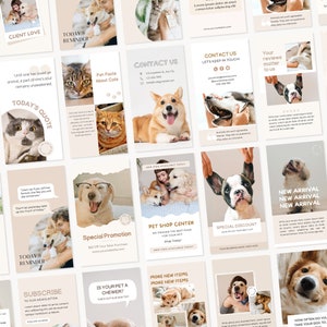May include: A collage of images featuring dogs and cats, with text overlays promoting a pet shop. The text includes phrases like "Get to Know Us", "Today's Quote", "Special Promotion", "New Arrival", and "Meet Our Pets".