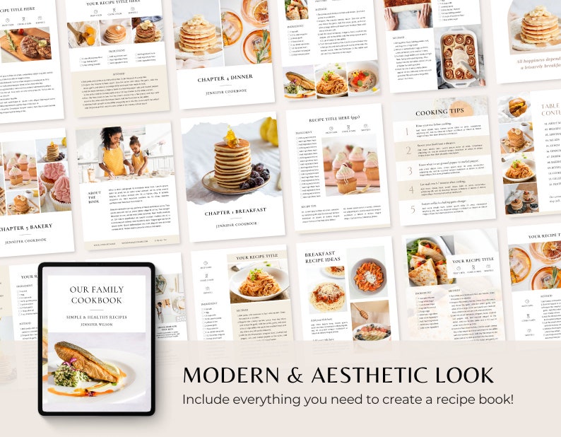 Puede incluir: Una maqueta digital de un libro de cocina con una est&eacute;tica moderna. La portada presenta un plato de salm&oacute;n con salsa blanca y guarnici&oacute;n verde. El t&iacute;tulo del libro de cocina es "Nuestro libro de cocina familiar: Recetas simples y saludables".