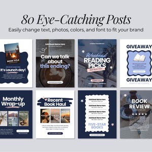 May include: A digital collection of 80 social media post templates featuring various layouts for book-related content. The designs include dark blue and white color schemes with text elements like 'It's Launch day!', 'Weekend READING PICKS', and 'GIVEAWAY'.