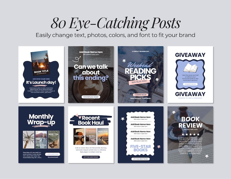 May include: A digital collection of 80 social media post templates featuring various layouts for book-related content. The designs include dark blue and white color schemes with text elements like 'It's Launch day!', 'Weekend READING PICKS', and 'GIVEAWAY'.