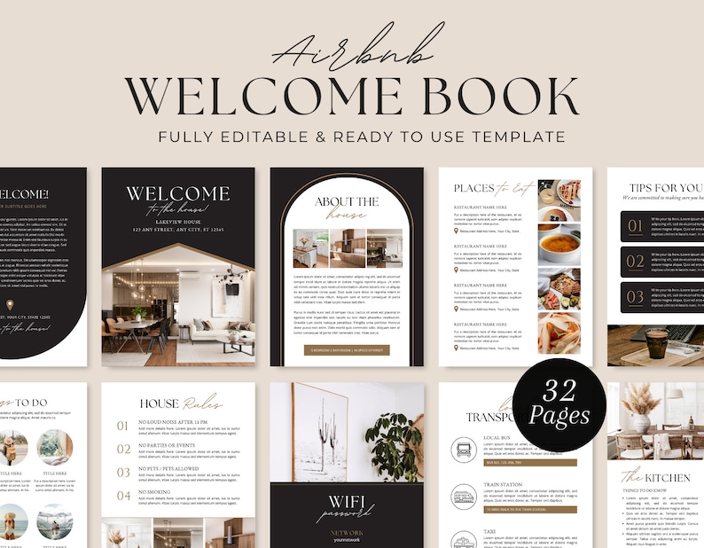 K&ouml;nnte beinhalten: Eine Willkommensbuch-Vorlage f&uuml;r Airbnb-Gastgeber, mit einem schwarzen und goldenen Farbschema und Bildern eines Wohnzimmers, einer K&uuml;che und eines Essbereichs. Das Buch enth&auml;lt Abschnitte f&uuml;r "Willkommen im Haus", "&Uuml;ber das Haus", "Restaurants", "Tipps f&uuml;r Sie", "Zu tun", "Hausregeln", "WLAN", "Transport" und "Die K&uuml;che". Das Buch ist vollst&auml;ndig editierbar und einsatzbereit.