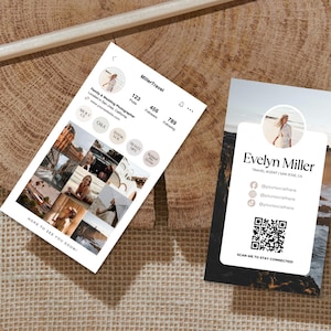 May include: Two business cards and a pencil rest on a wooden surface. One card displays a social media profile with the name "MillerTravel" and the text "Family & Wedding Photographer." The other card features "Evelyn Miller, Travel Agent."