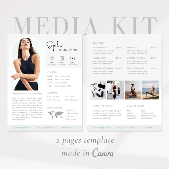 2 Page Fitness Media Kit Template Instagram Influencer Rate Sheet Yoga  Blogger Press Kit Canva Template Facebook Instagram  