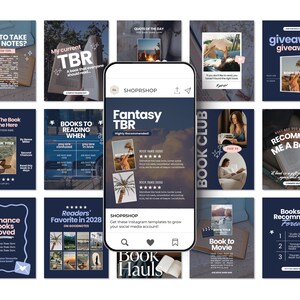 May include: A collection of dark blue social media templates for book lovers displayed on a smartphone screen and surrounding grid. The designs feature text like Fantasy TBR, Book Club, and Romance Books I Loved, with placeholders for book titles and images.