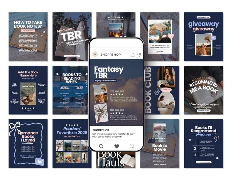 May include: A collection of dark blue social media templates for book lovers displayed on a smartphone screen and surrounding grid. The designs feature text like Fantasy TBR, Book Club, and Romance Books I Loved, with placeholders for book titles and images.