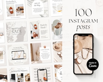 May include: A collection of 100 Instagram post templates featuring a neutral color palette with beige, brown, and white tones. The templates feature various images, including product mockups, lifestyle imagery, and text overlays. The text overlays include phrases like "New on the blog", "Seasonal Sale", "Back in Stock", and "Get Special Offer". The templates are designed to be used for social media marketing and branding.