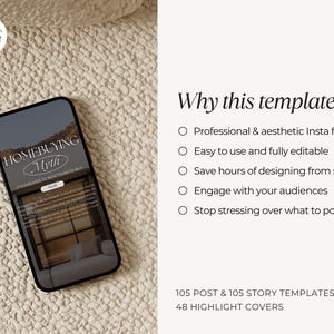 May include: A smartphone displays a social media template with the text "HOMEBUYING Myth". The image includes the text "IT'S CHEAPER TO RENT THAN TO BUY". The background is a neutral beige, with text listing features like "Professional & aesthetic Insta feed".