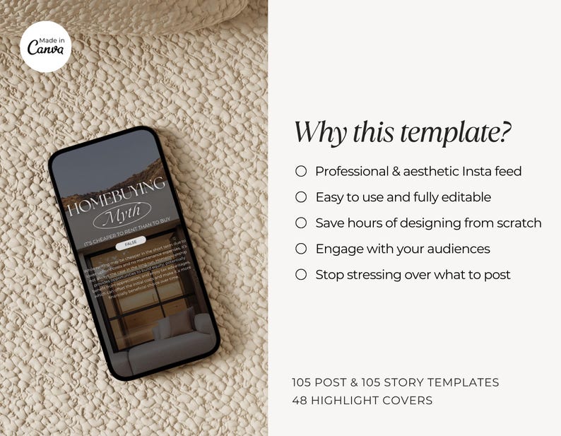 May include: A smartphone displays a social media template with the text "HOMEBUYING Myth". The image includes the text "IT'S CHEAPER TO RENT THAN TO BUY". The background is a neutral beige, with text listing features like "Professional & aesthetic Insta feed".