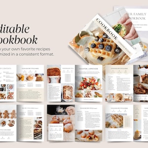 May include: A cookbook with recipe pages showing dishes like waffles and baked goods. The cover displays the title "Cookbook" and "Editable Cookbook". Text reads "Keep your own favourite recipes organised in a consistent format."