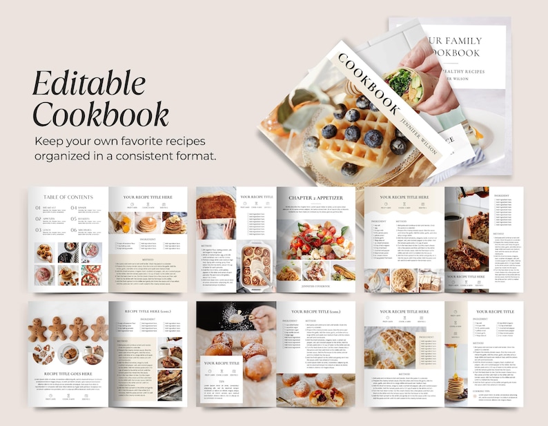 May include: A cookbook with recipe pages showing dishes like waffles and baked goods. The cover displays the title "Cookbook" and "Editable Cookbook". Text reads "Keep your own favourite recipes organised in a consistent format."
