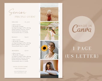 Senior Photography Pricing List| Senior Pricing Guide Sheet Template| Senior Collection Package| Photographer Price Guide| Canva Template