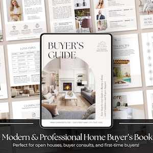 May include: A digital Buyer's Guide document template featuring a central cover page with the text BUYER'S GUIDE and an image of a living room with a fireplace. The layout includes various informational pages with text, icons, and home interior photos.